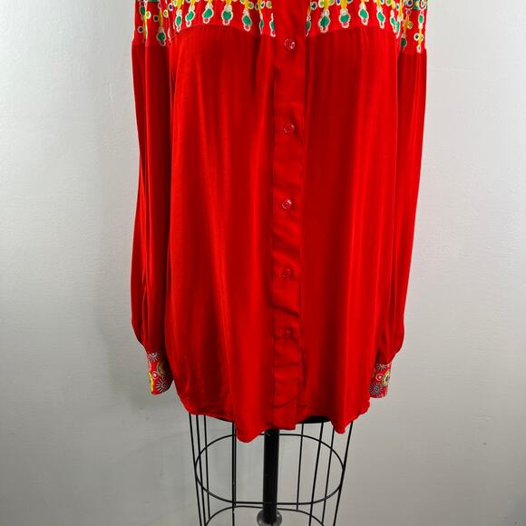 VINTAGE Gottex Red Top Floral Embroidered Collared Long Sleeve Button-Up Small S - Picture 4 of 10